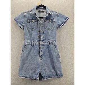 LIONESS Women's Denim Medium Wash Short Sleeve Button Down Shorts Romper Size S‎
